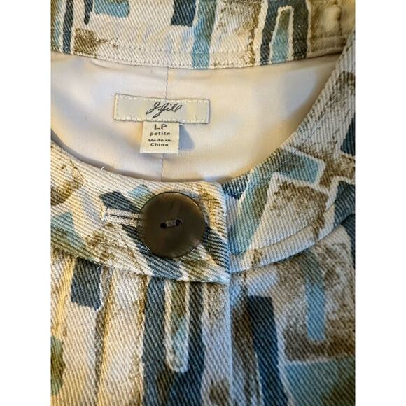 J Jill Jacket Womens Petite L Beige Blue Geo Print Silk Blazer Peplum Hem Boho - Picture 4 of 10